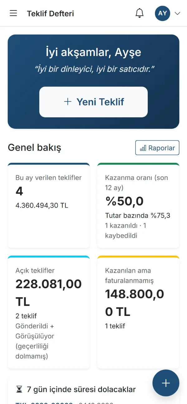 Teklif Defteri telefonda teklif masası