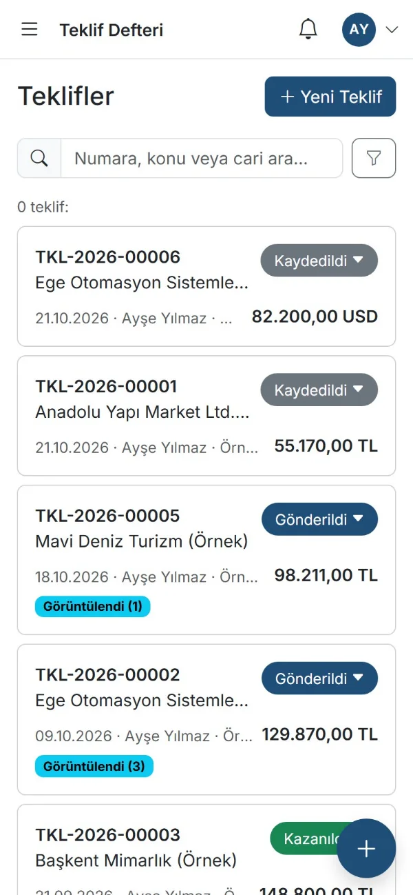 Teklif Defteri telefonda teklif listesi