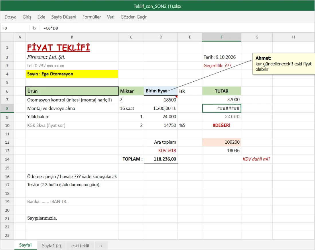 Excel'de hazırlanmış dağınık bir teklif: kesik yazılar, hatalı formüller, eski KDV oranı