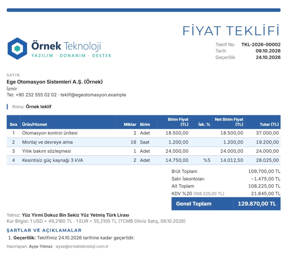Teklif Defteri ile hazırlanmış, logonun renklerinde düzenli bir teklif PDF'i